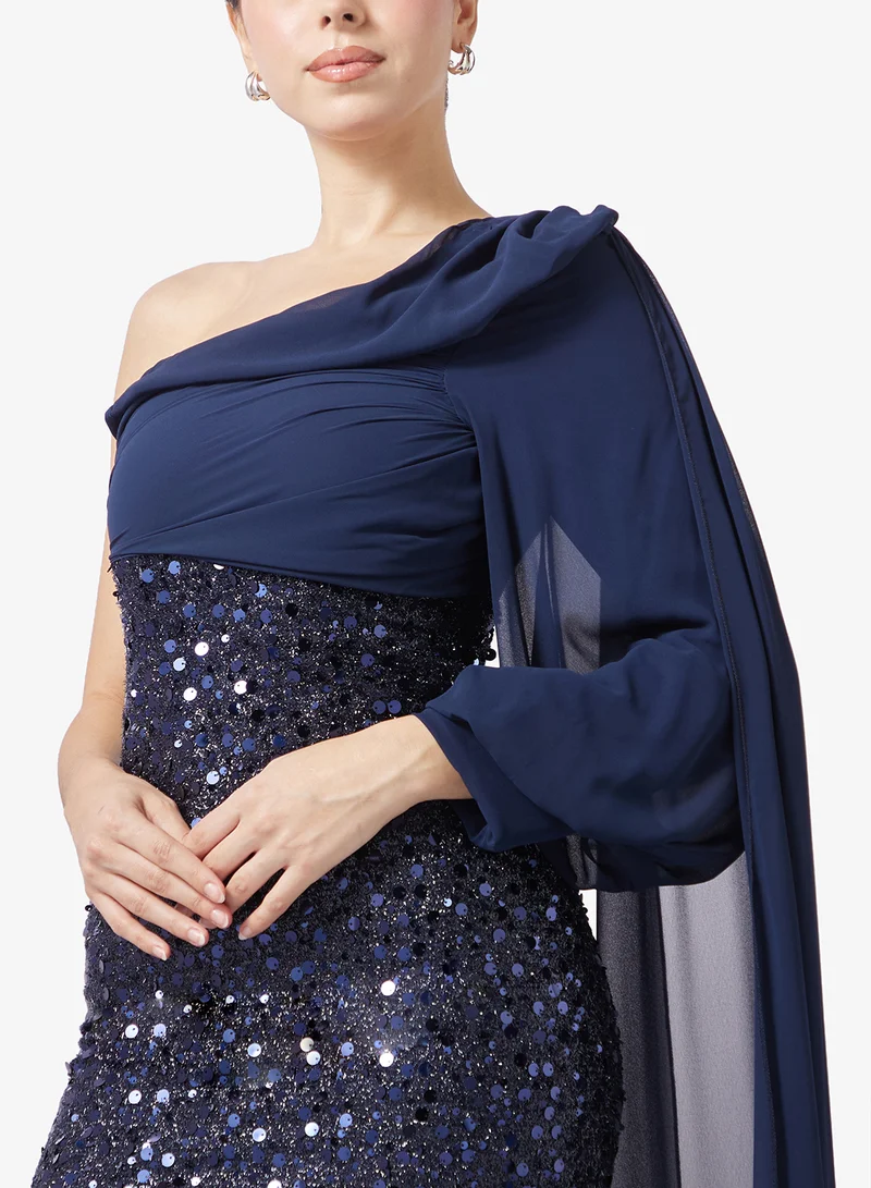 Ella Limited Edition  One Shoulder Drapped Dress With Shimmer Bodice for Women | Best Price UAE