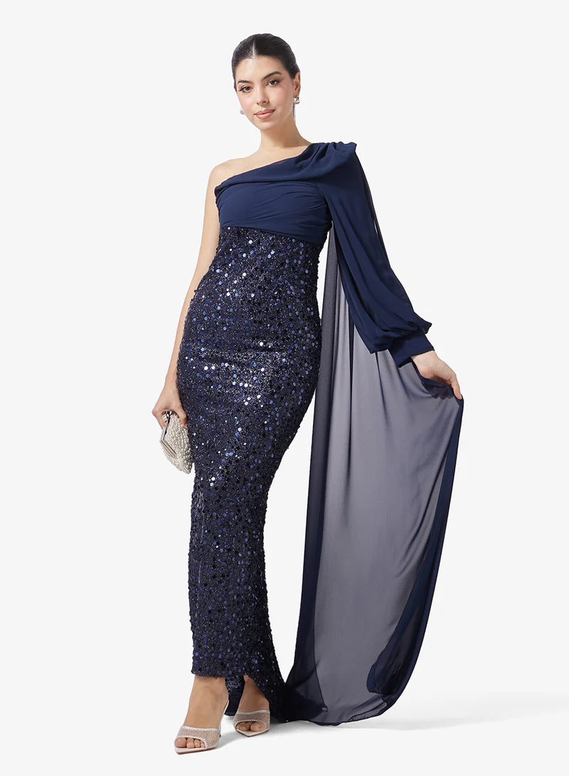 Ella Limited Edition  One Shoulder Drapped Dress With Shimmer Bodice for Women | Best Price UAE