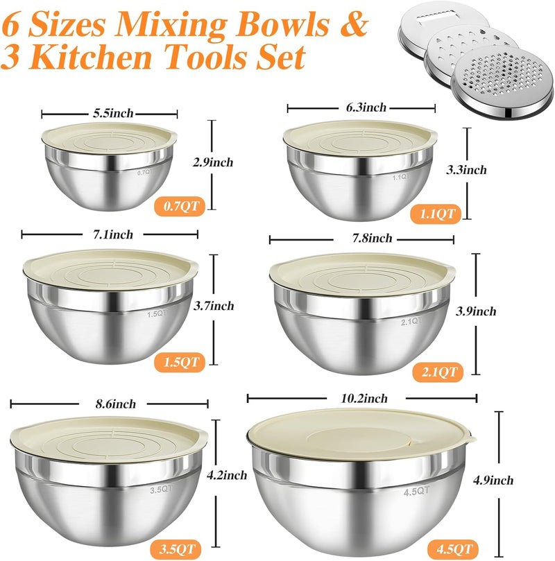 Winproper Mixing Bowls with Lids Set, 6 PCS Stainless Steel Mixing Bowls with 3 Grater Attachments, Kitchen Food Storage Organizers Nesting Mixing Bowl, Large Size 4.5, 3.5, 2.1, 1.5, 1.1, 0.7QT - Image 5