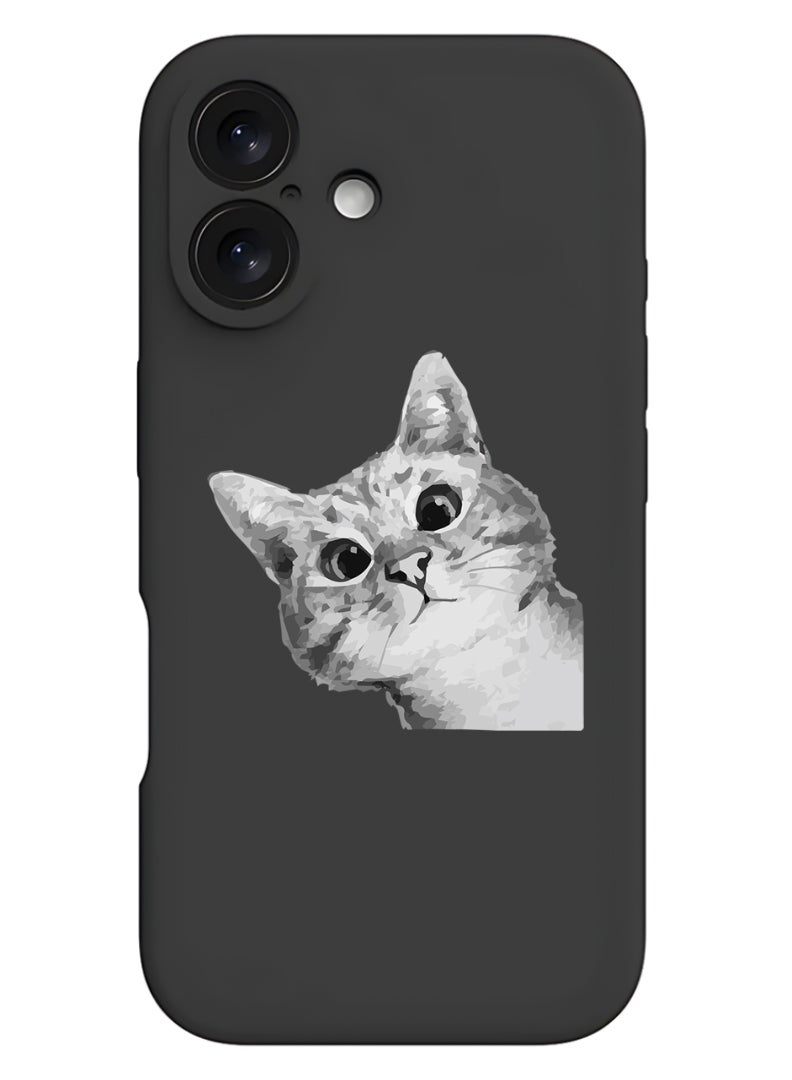Theodor iPhone 16 Black Protective Slim Fit Case Liquid Silicone Cover with Full Body Protection Anti-Scratch Shockproof Case For iPhone - Cat Peep - Image 1