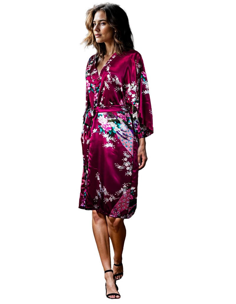 CCcollections Kimono Robe Long 16 Colors Premium Peacock Bridesmaid Bridal Shower Womens Gift (Burgundy Red) - Image 1