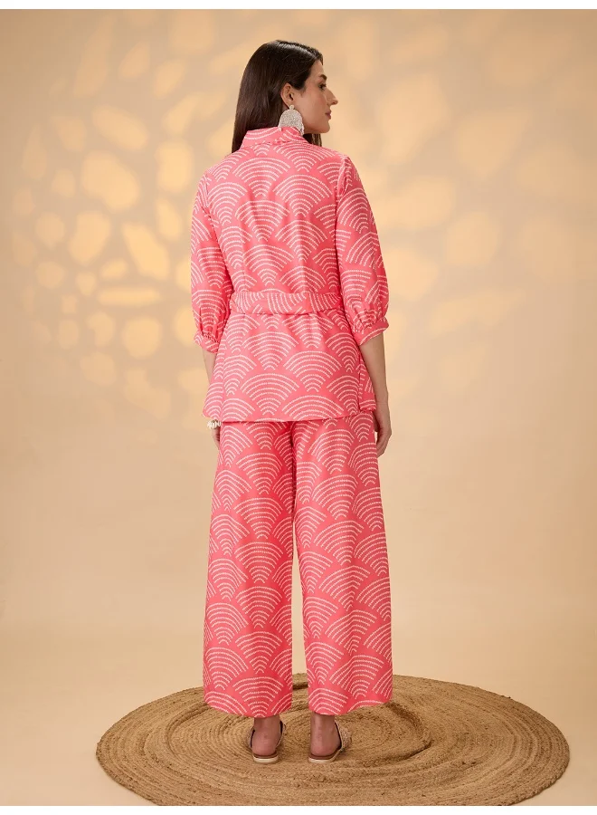 globus Women Coral Shirt Collar Puff Sleeves Abstract Print Tunic With Palazzos & Embroidered Belt Fusion Co-Ord Set