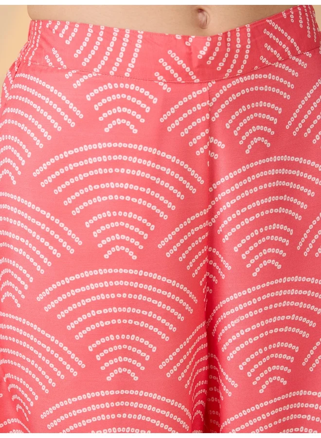 globus Women Coral Shirt Collar Puff Sleeves Abstract Print Tunic With Palazzos & Embroidered Belt Fusion Co-Ord Set