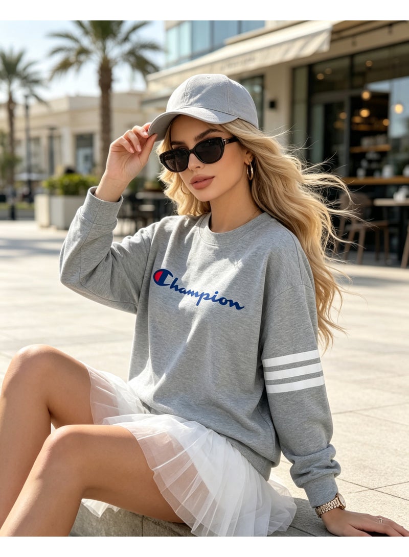 شامبيون Champion سترة للرجال والنساء بأكمام طويلة ياقة دائرية تصميم عادي ملابس يومية رمادي فاتح - Image 4