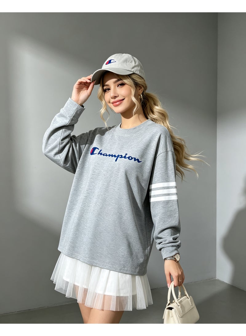 شامبيون Champion سترة للرجال والنساء بأكمام طويلة ياقة دائرية تصميم عادي ملابس يومية رمادي فاتح - Image 3