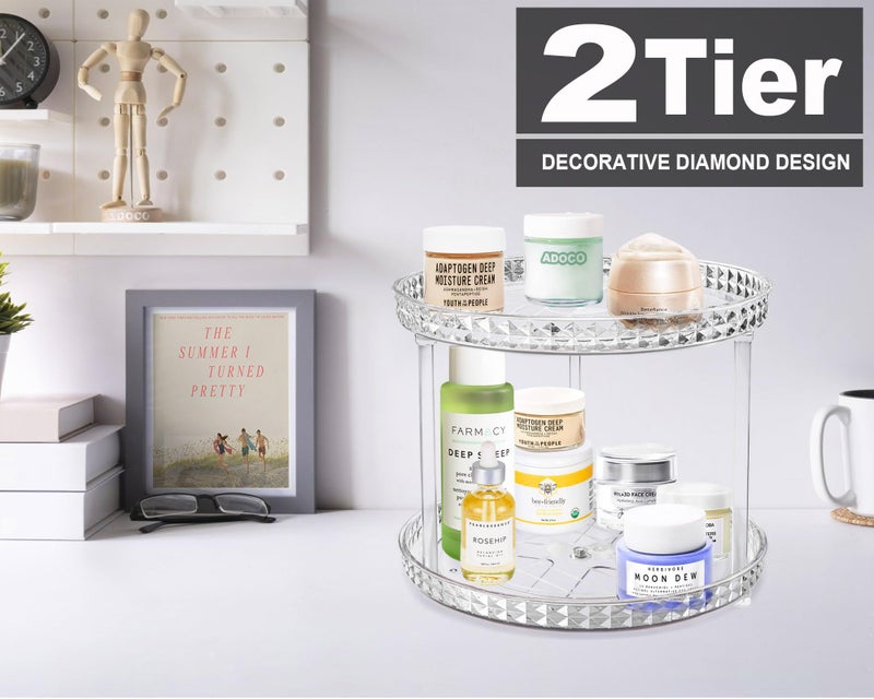 Adoco 2 Tier Diamond Lazy Susan Bathroom Organizer Countertop, Clear 360 Rotating Cosmetic Makeup Organizer for Vanity, Skincare Organizers Perfume Organizer for Counter - Organization and Storage -9.25INCH - Image 2