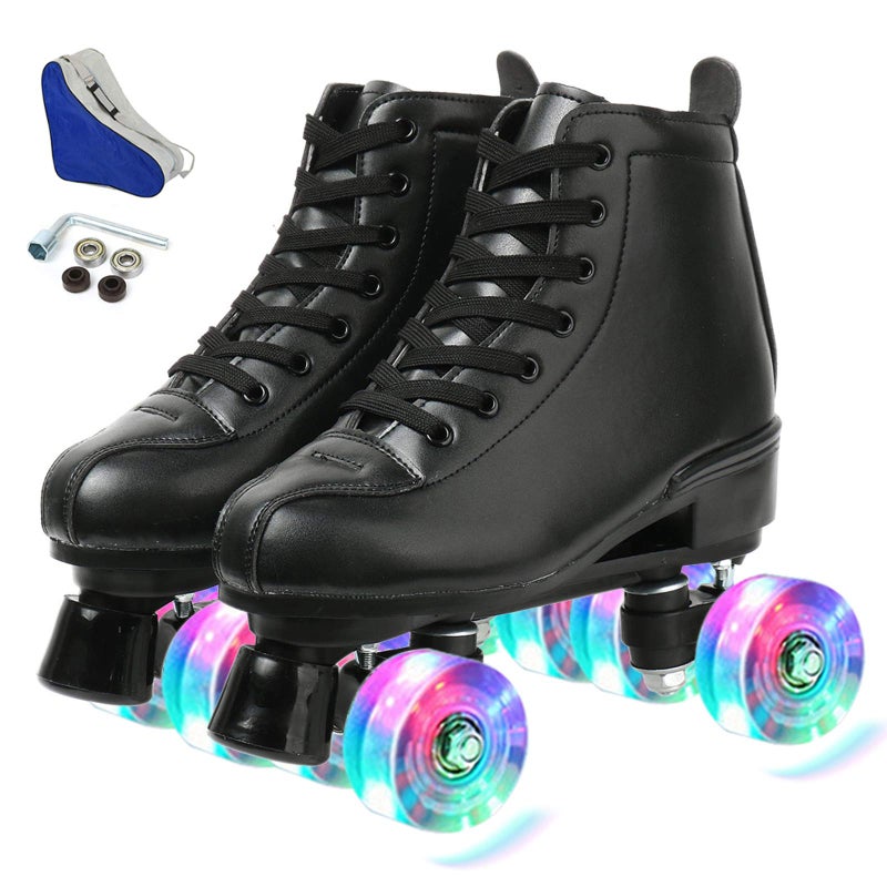 XUDREZ XUDREZ Roller Skates Double Row Skates Adjustable High-top Roller Skates Indoor Outdoor Adult Roller Skates, Black flash wheel, 39=UK:6.5 - Image 1