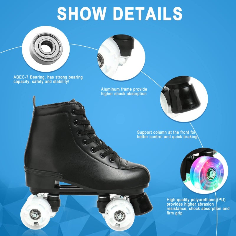 XUDREZ XUDREZ Roller Skates Double Row Skates Adjustable High-top Roller Skates Indoor Outdoor Adult Roller Skates, Black flash wheel, 39=UK:6.5 - Image 2