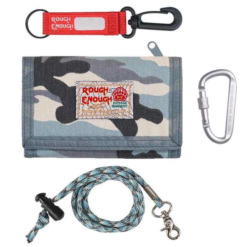 RE ROUGH ENOUGH Rough Enough Kids Wallet for Boys Girls with Neck Lanyard Teen Wallet Canvas Blue Camo - Image 1