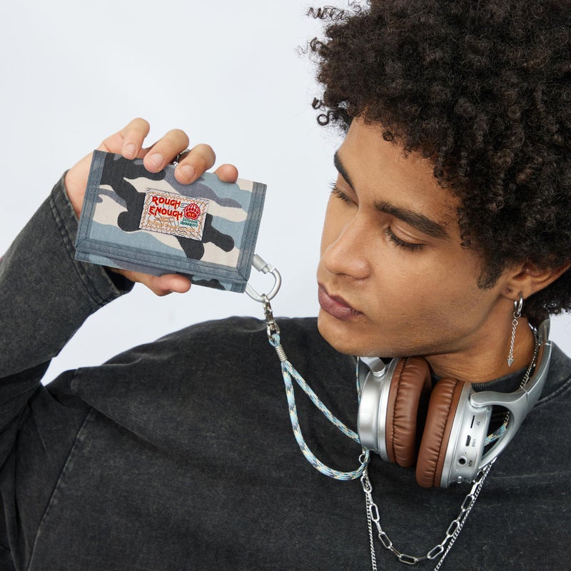 RE ROUGH ENOUGH Rough Enough Kids Wallet for Boys Girls with Neck Lanyard Teen Wallet Canvas Blue Camo - Image 2