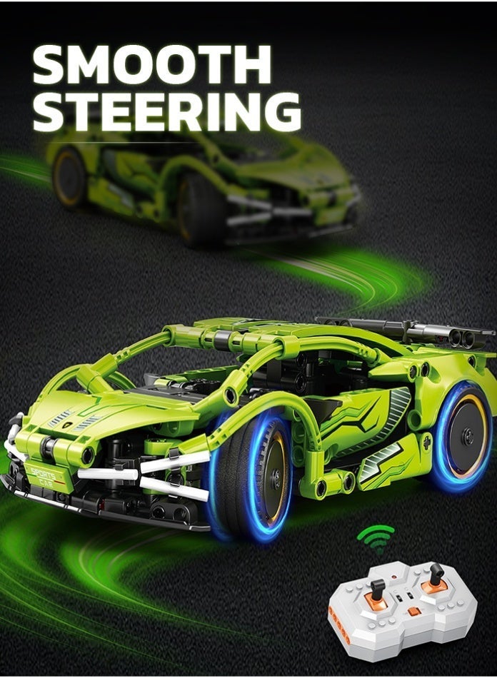 MINGDI 1:24 2.4G Remote Control Racing Car Building Blocks Set - DIY Educational Construction Sports Car Model with Opening Doors & Stickers, STEM Toy Gift for Teens & Adults (Green) - Image 1
