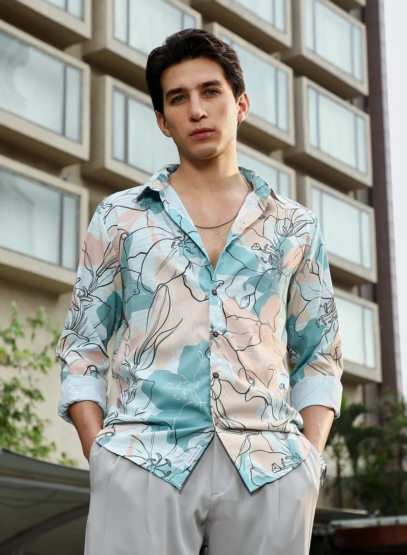 Campus Sutra Men's Aqua Blue & Peachh Orange Botanical-Outline Imprint Shirt