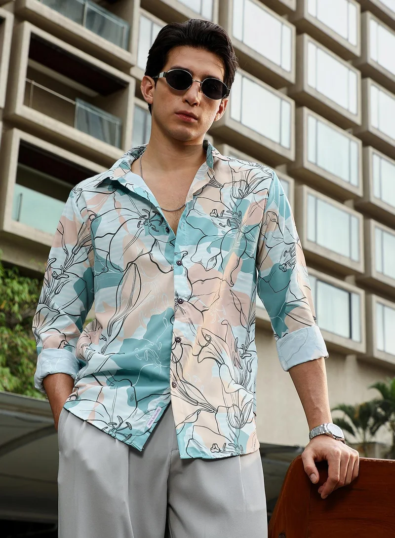 Campus Sutra Men's Aqua Blue & Peachh Orange Botanical-Outline Imprint Shirt