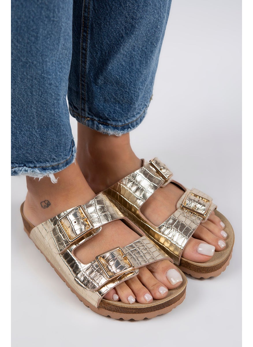 Manijero Croco Women's Genuine Leather Double Buckle Crocodile Gold Slippers  - Image 4