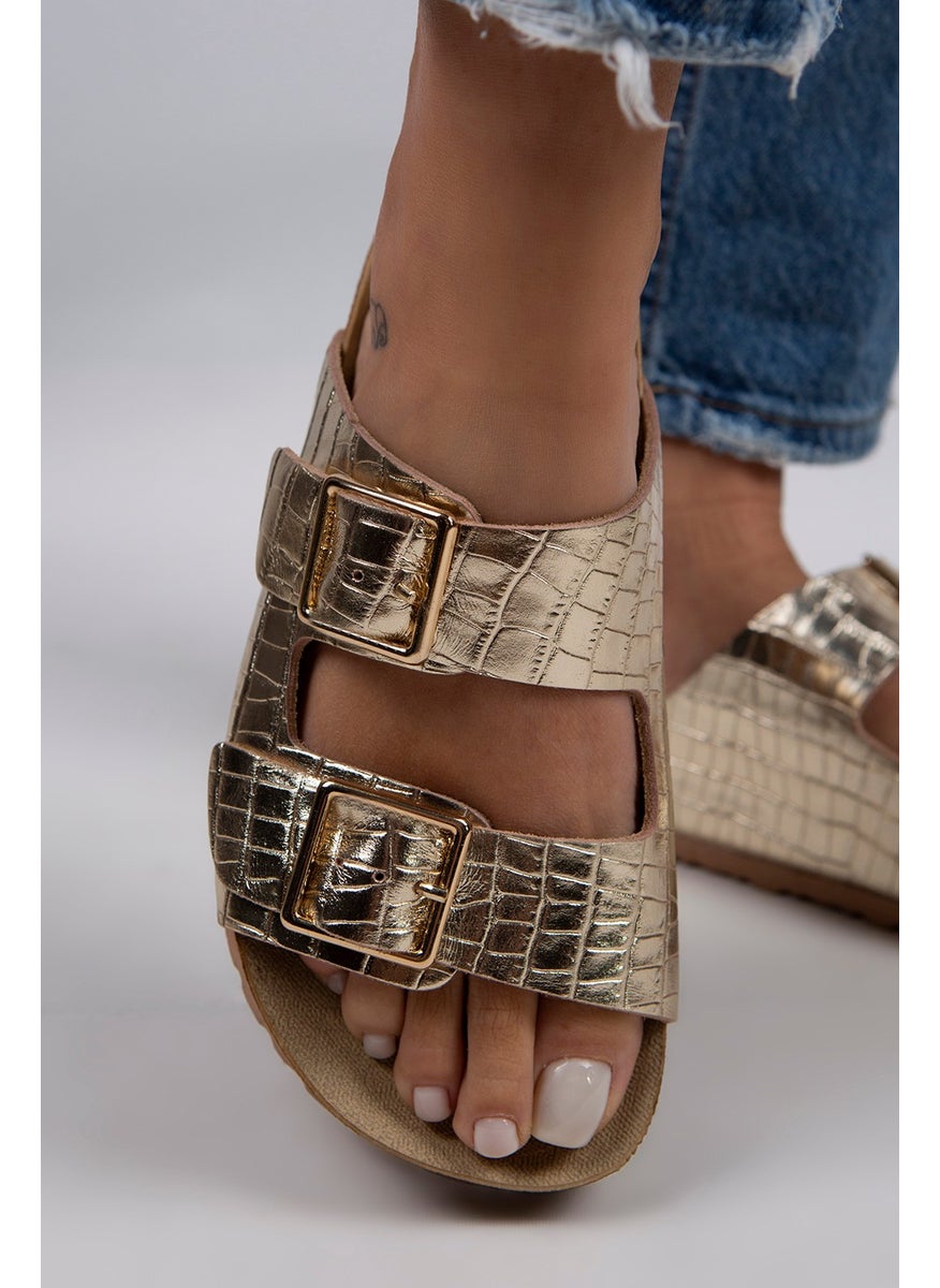 Manijero Croco Women's Genuine Leather Double Buckle Crocodile Gold Slippers  - Image 3