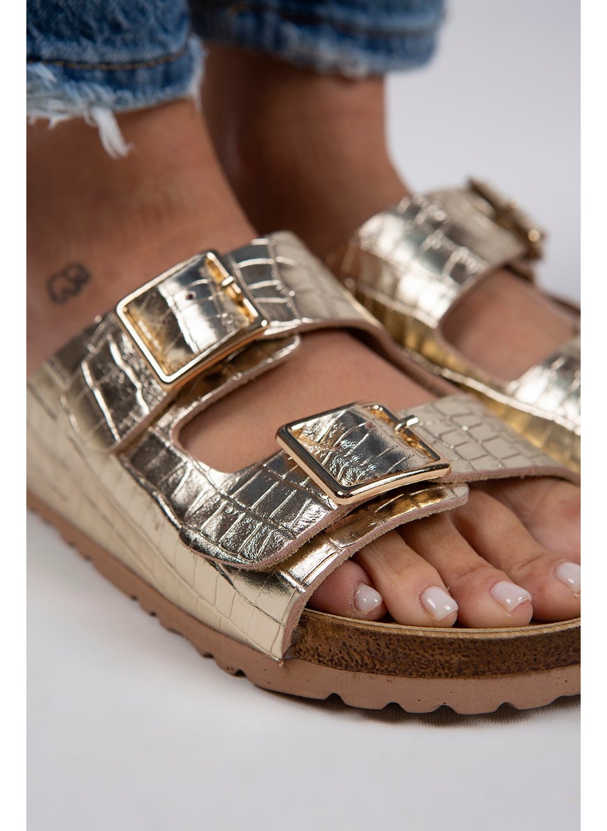Manijero Croco Women's Genuine Leather Double Buckle Crocodile Gold Slippers  - Image 2