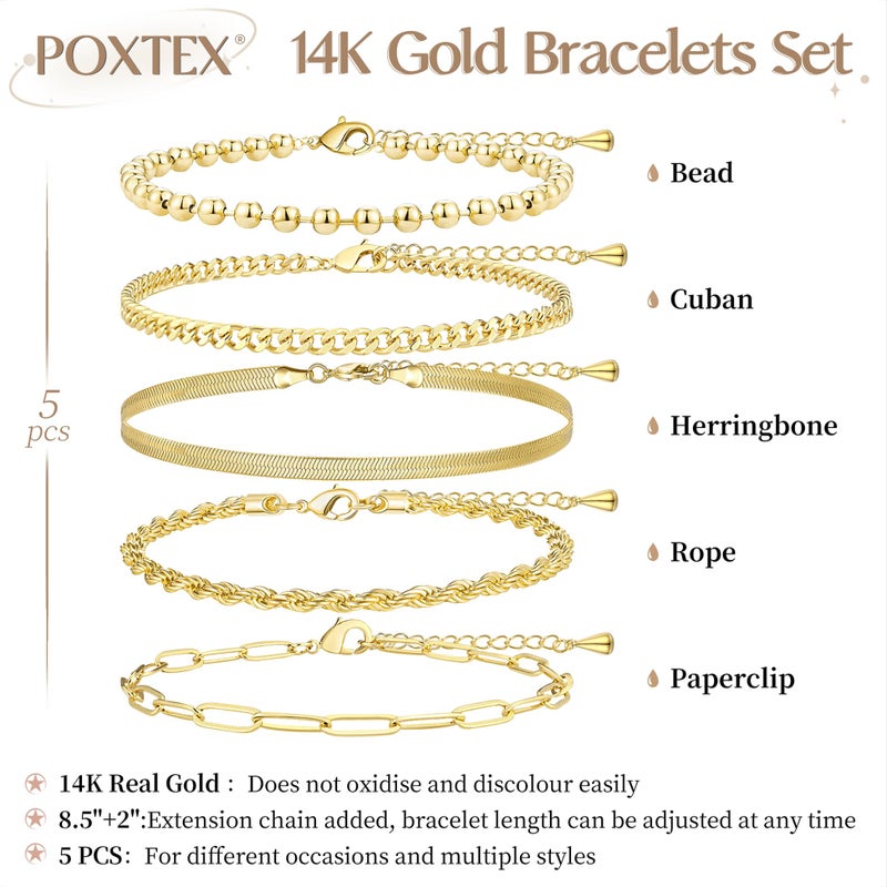 Poxtex Gold Bracelets for Women, 14K Gold Dainty Jewelry Sets for Women Trendy, Gold Stackable Waterproof Bracelets Inclued Beaded, Cuban, Paperclip, Herringbone, Rope, Fashion Jewelry Gifts for Her - Image 5