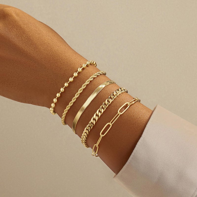 Poxtex Gold Bracelets for Women, 14K Gold Dainty Jewelry Sets for Women Trendy, Gold Stackable Waterproof Bracelets Inclued Beaded, Cuban, Paperclip, Herringbone, Rope, Fashion Jewelry Gifts for Her - Image 3