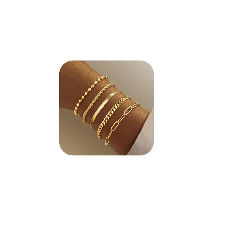 Poxtex Gold Bracelets for Women, 14K Gold Dainty Jewelry Sets for Women Trendy, Gold Stackable Waterproof Bracelets Inclued Beaded, Cuban, Paperclip, Herringbone, Rope, Fashion Jewelry Gifts for Her - Image 1