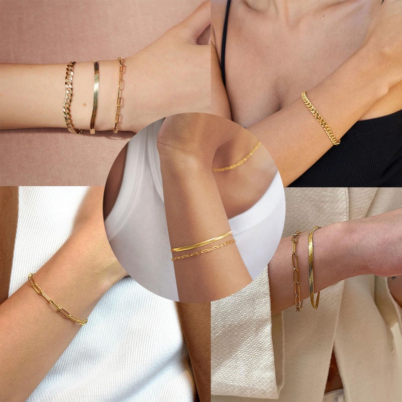 Poxtex Gold Bracelets for Women, 14K Gold Dainty Jewelry Sets for Women Trendy, Gold Stackable Waterproof Bracelets Inclued Beaded, Cuban, Paperclip, Herringbone, Rope, Fashion Jewelry Gifts for Her - Image 4