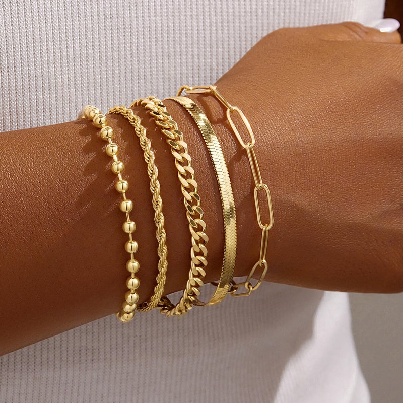 Poxtex Gold Bracelets for Women, 14K Gold Dainty Jewelry Sets for Women Trendy, Gold Stackable Waterproof Bracelets Inclued Beaded, Cuban, Paperclip, Herringbone, Rope, Fashion Jewelry Gifts for Her - Image 2