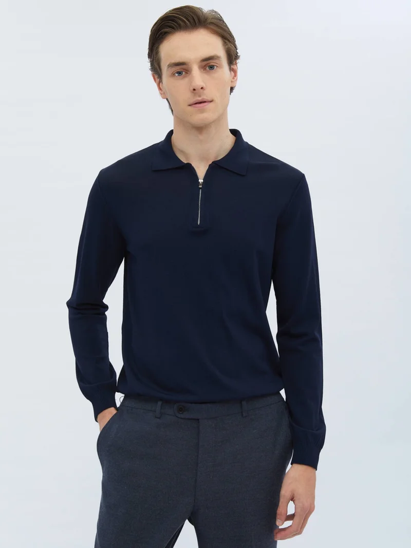 Kip Navy Blue Polo Neck Plain Knit Sweater