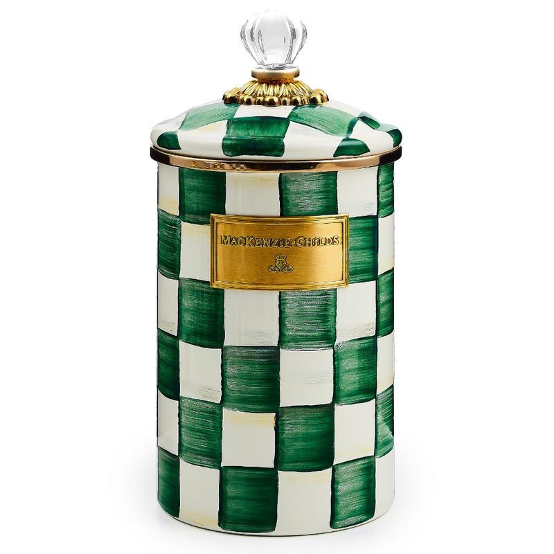 mackenzie childs MACKENZIE-CHILDS Large Enamel Canister, Kitchen Storage Container with Lid, Green-and-White Emerald Check - Image 1