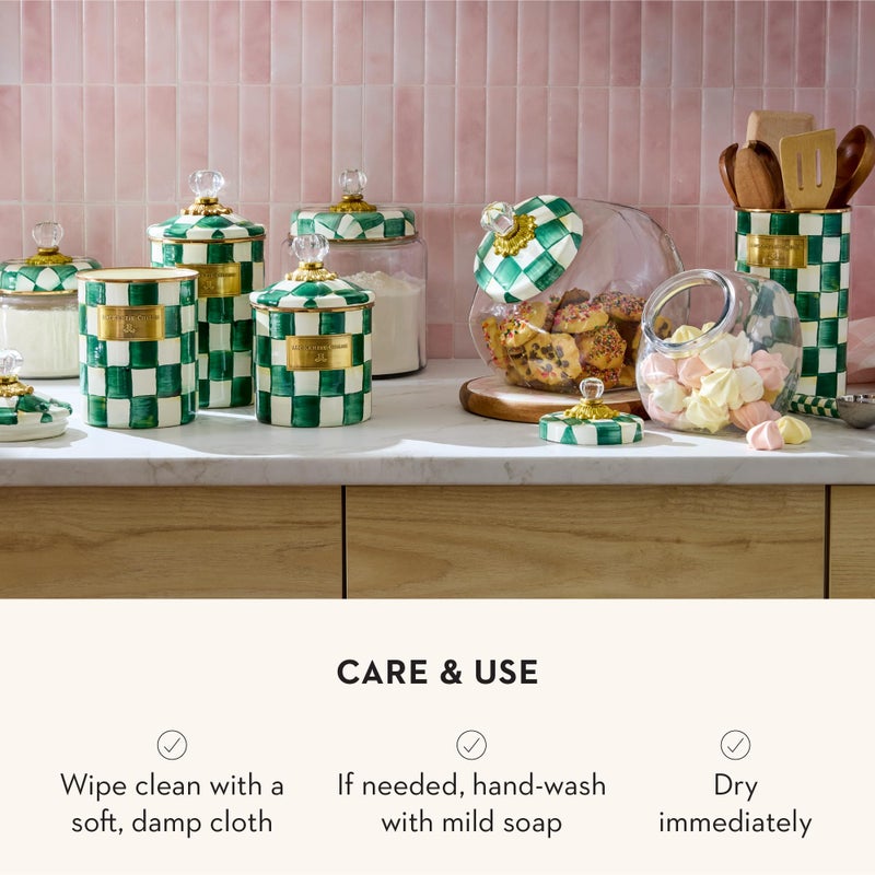 mackenzie childs MACKENZIE-CHILDS Large Enamel Canister, Kitchen Storage Container with Lid, Green-and-White Emerald Check - Image 5
