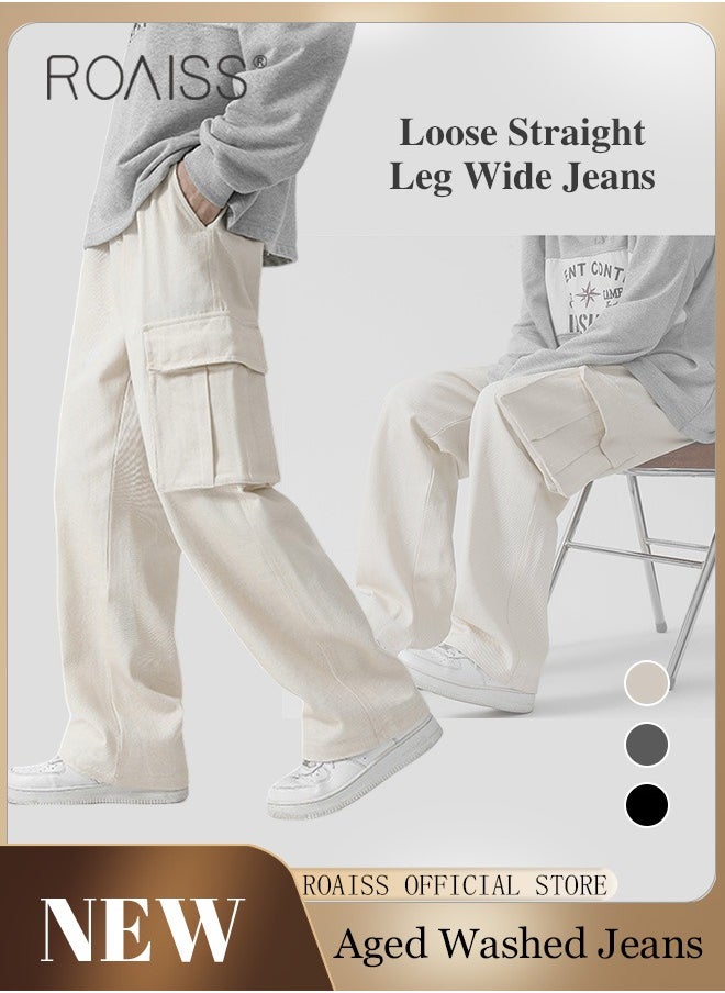 roaiss - Casual Cargo Pants for Men Youth Trendy Loose Fit Straight Leg Long Pants Functional Streetwear Overalls Trousers with Multi Pockets Street Style Functional Streetwear - Image 1