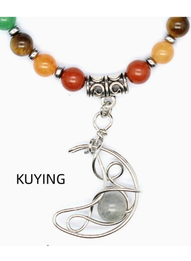 KUYING Hollow Moon Seven Color Chakra Stone Necklace