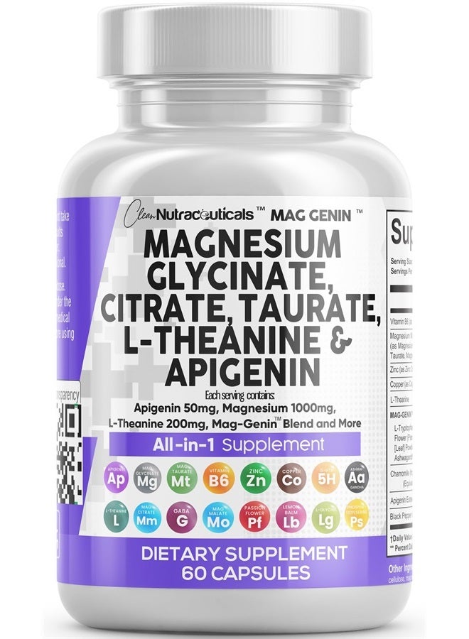 Clean Nutraceuticals Magnesium Glycinate Complex 1000mg with L-Theanine 200mg Apigenin 50mg Citrate Taurate Supplement - 5-HTP GABA Passion Flower Lemon Balm L-Glycine Phosphatidylserine Ashwagandha - 60 Count - Image 1