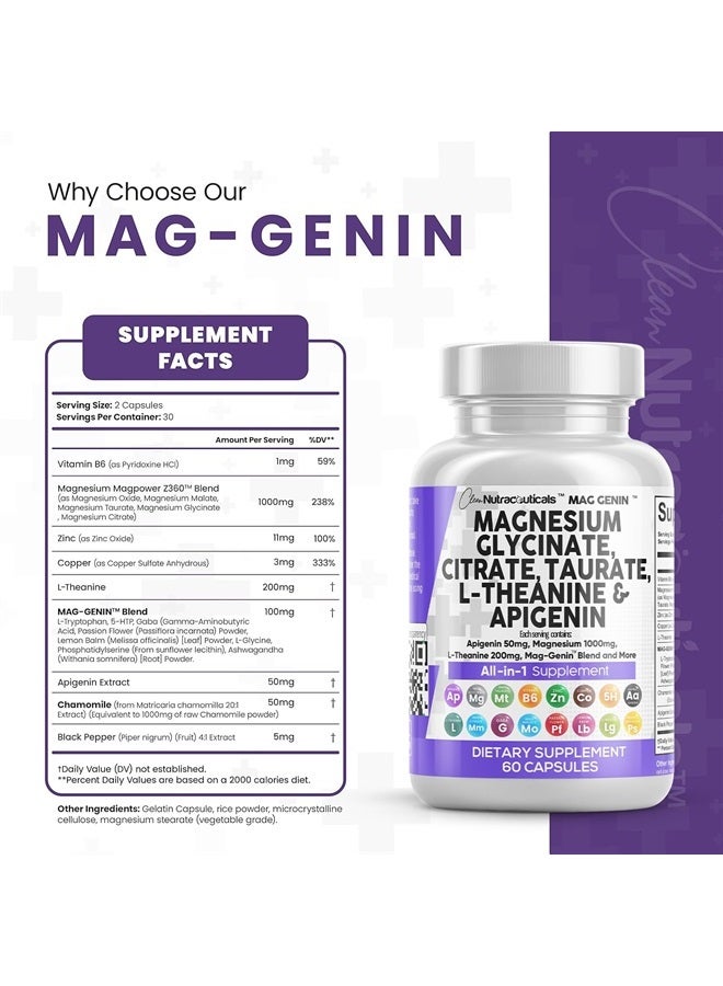 Clean Nutraceuticals Magnesium Glycinate Complex 1000mg with L-Theanine 200mg Apigenin 50mg Citrate Taurate Supplement - 5-HTP GABA Passion Flower Lemon Balm L-Glycine Phosphatidylserine Ashwagandha - 60 Count - Image 4