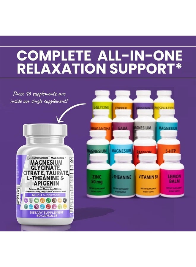 Clean Nutraceuticals Magnesium Glycinate Complex 1000mg with L-Theanine 200mg Apigenin 50mg Citrate Taurate Supplement - 5-HTP GABA Passion Flower Lemon Balm L-Glycine Phosphatidylserine Ashwagandha - 60 Count - Image 2