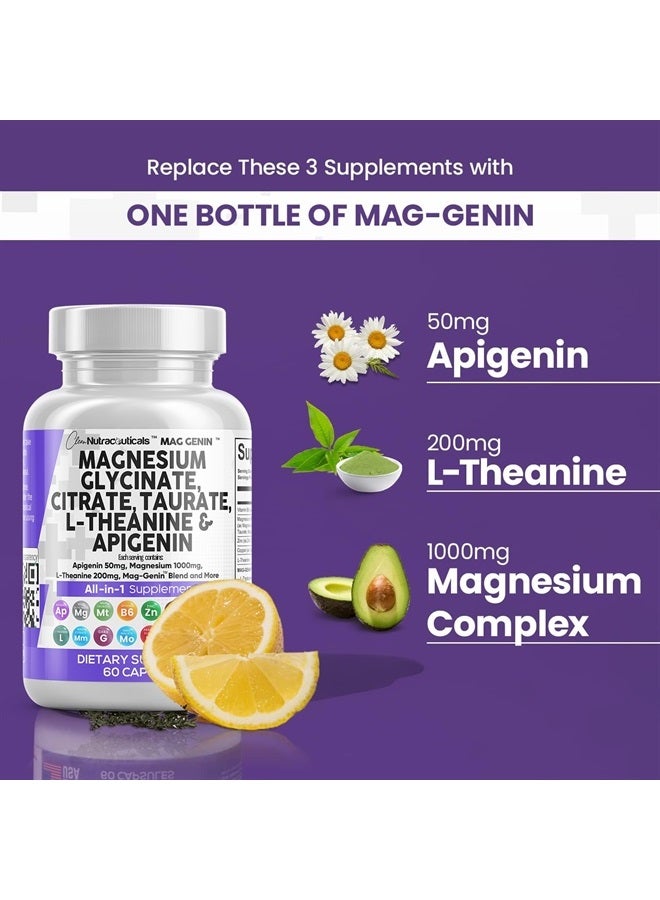 Clean Nutraceuticals Magnesium Glycinate Complex 1000mg with L-Theanine 200mg Apigenin 50mg Citrate Taurate Supplement - 5-HTP GABA Passion Flower Lemon Balm L-Glycine Phosphatidylserine Ashwagandha - 60 Count - Image 3