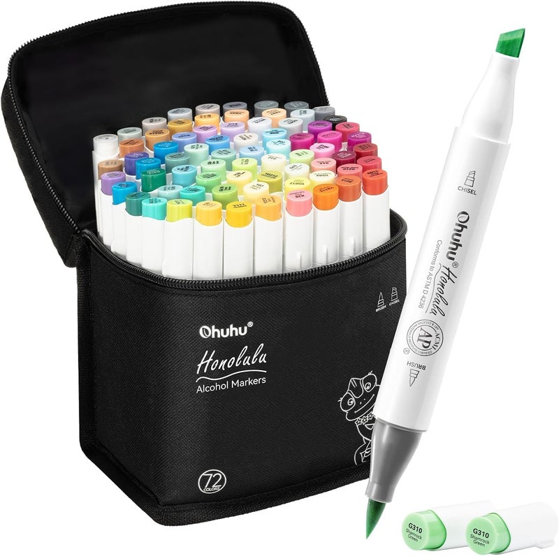 Ohuhu Alcohol Markers Set - 72 Colors Dual Tip Brush & Chisel Markers for Adult Coloring and Illustration - Image 1