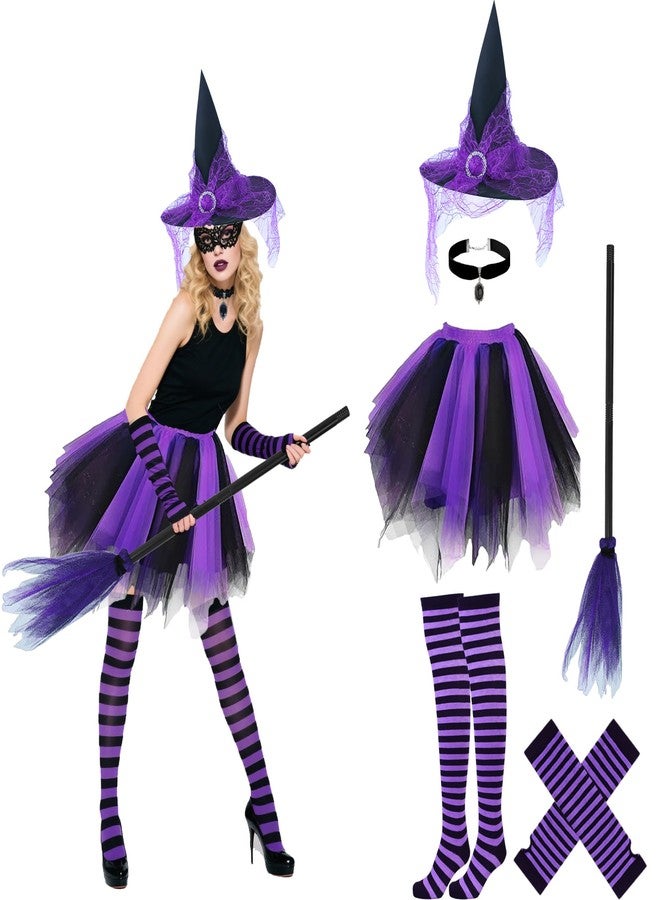 Shitailu Halloween Witch Costume for Women Adult Girls Gothic Cosplay-Outfit Set with Tutu Hat Broomstick Striped Socks Gloves Pendant, Halloween Purple, One size - Image 1