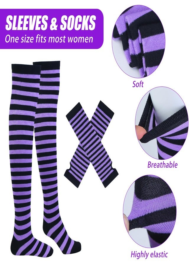 Shitailu Halloween Witch Costume for Women Adult Girls Gothic Cosplay-Outfit Set with Tutu Hat Broomstick Striped Socks Gloves Pendant, Halloween Purple, One size - Image 4
