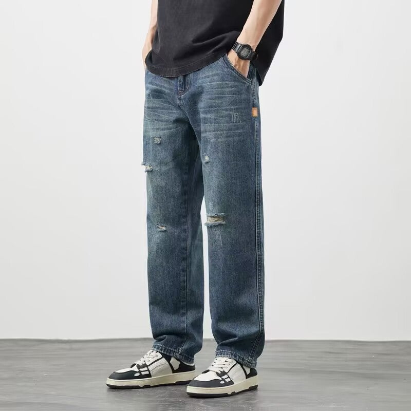 American Washed Jeans Men'S Summer Loose Straight Wide-Leg Pants Boys Trendy Retro High Street Long Pants - Image 2