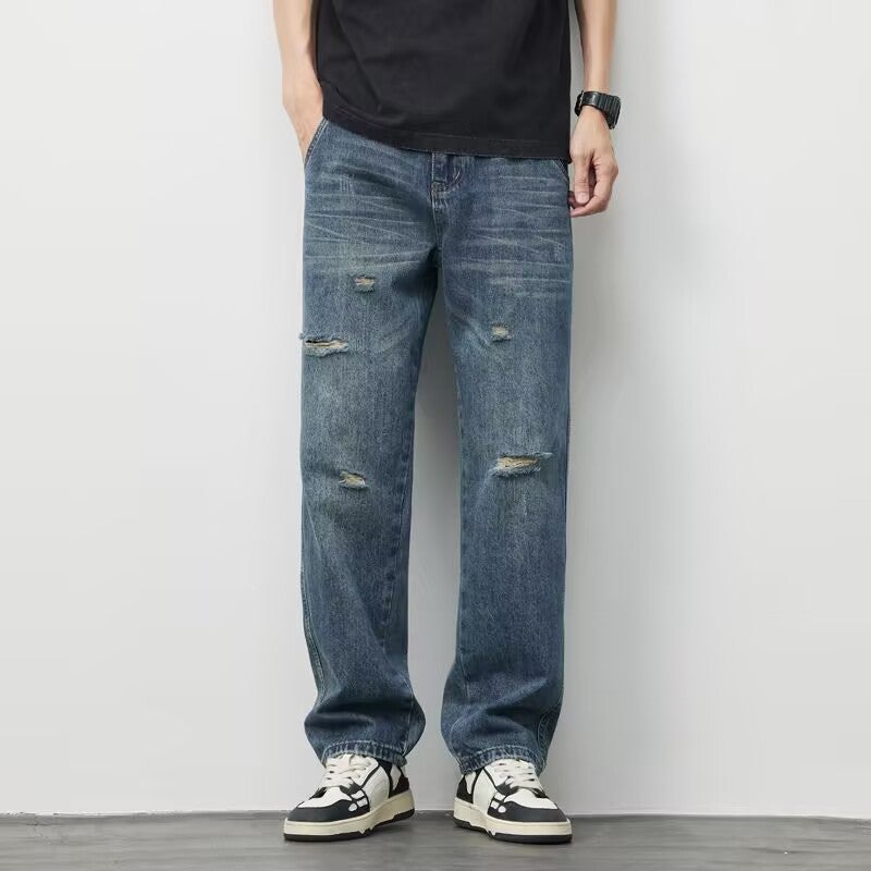 American Washed Jeans Men'S Summer Loose Straight Wide-Leg Pants Boys Trendy Retro High Street Long Pants - Image 3