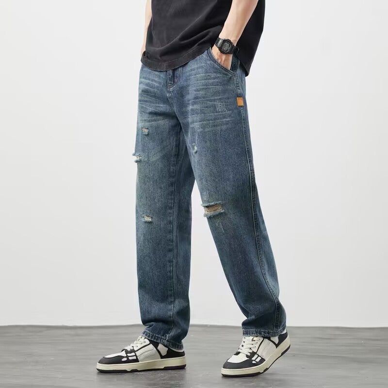 American Washed Jeans Men'S Summer Loose Straight Wide-Leg Pants Boys Trendy Retro High Street Long Pants - Image 4