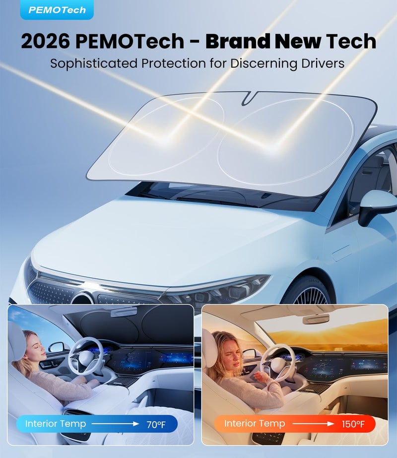 PEMOTech 2026 Upgraded Windshield Sun Shade Cover for Privacy | Overlapping Leather Protection Car Window Shades | Sunburn Blocker & Rear View Mirror Compatible | 64''x32'' for Toyota/Chevy/Honda - Image 2