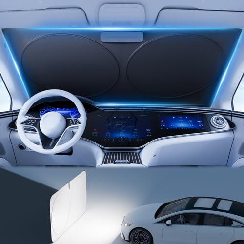 PEMOTech 2026 Upgraded Windshield Sun Shade Cover for Privacy | Overlapping Leather Protection Car Window Shades | Sunburn Blocker & Rear View Mirror Compatible | 64''x32'' for Toyota/Chevy/Honda - Image 1