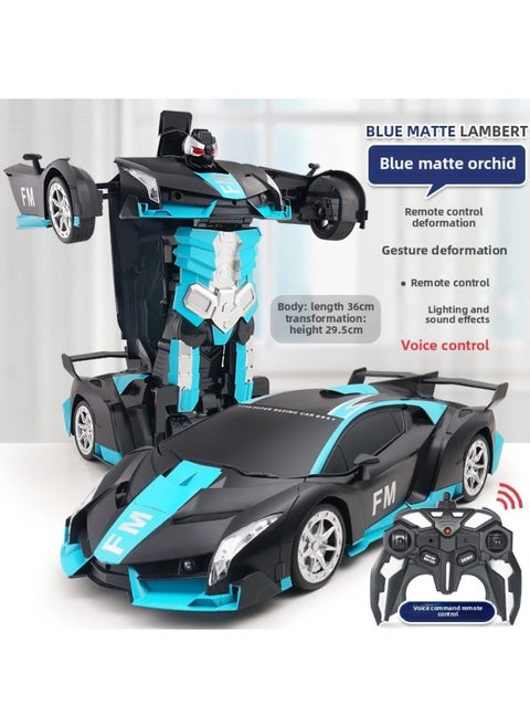 One-key Deformation Remote Control Car 2.4G Gesture Induction King Kong Robot Children's Toy Racing Generation Batch Cross-border-Color:Matte Blue Rambo [Remote Control + Gesture + Voice] 1:12