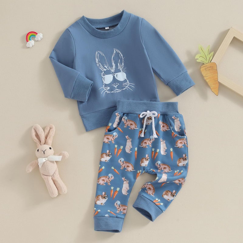 Amnnchya Easter Outfits for Toddler Boys Girls Rabbit Bunny Sweatshirts Pants Infant Baby Girl Boy Fall Winter Clothes (Blue Rabbit, 12-18 Months) - Image 3