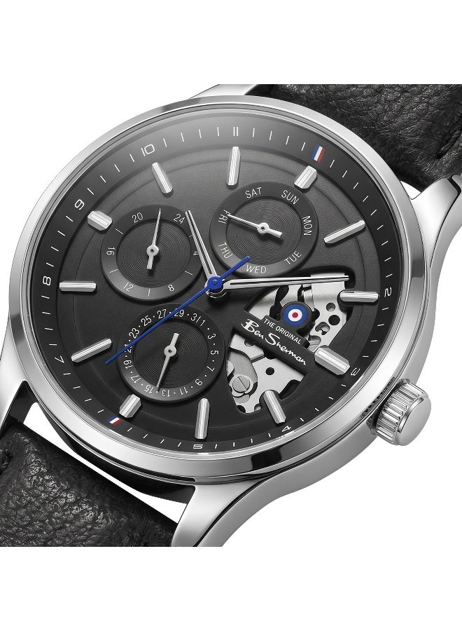 Ben Sherman St Albans Black Dial Black Genuine Leather Strap Multifunction Watch for Men, 43.5mm - Image 2