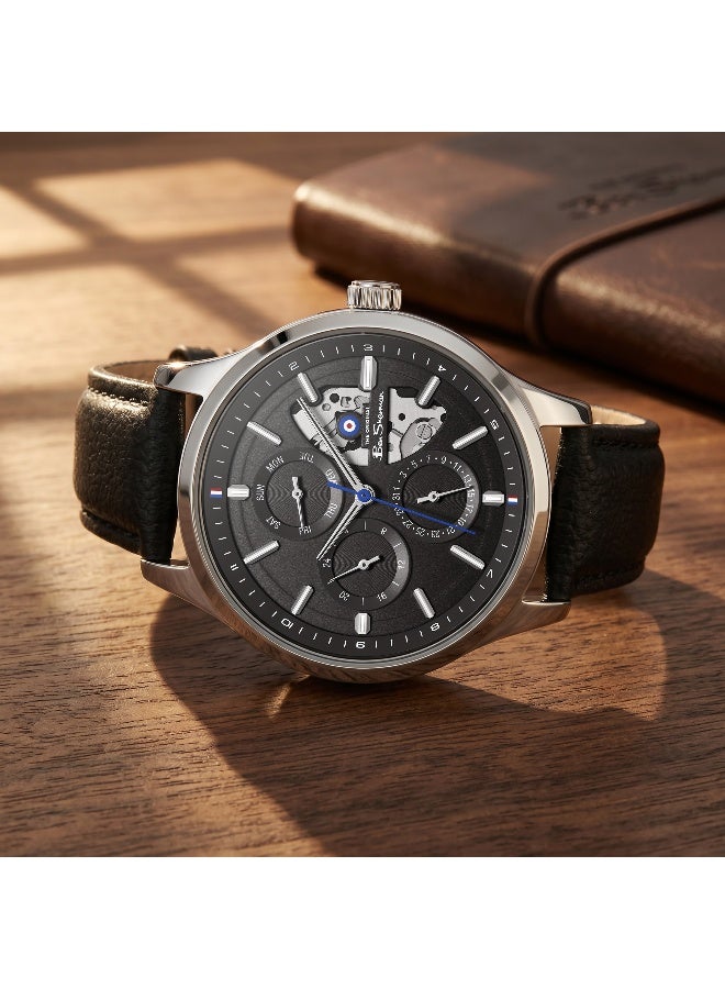 Ben Sherman St Albans Black Dial Black Genuine Leather Strap Multifunction Watch for Men, 43.5mm - Image 4