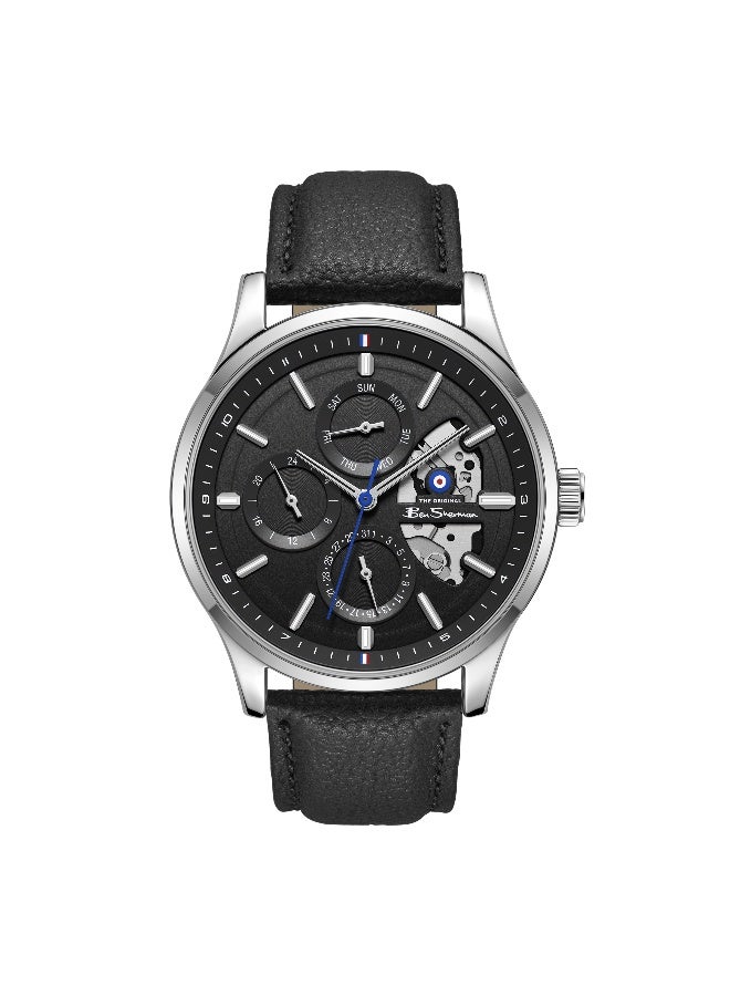 Ben Sherman St Albans Black Dial Black Genuine Leather Strap Multifunction Watch for Men, 43.5mm - Image 1
