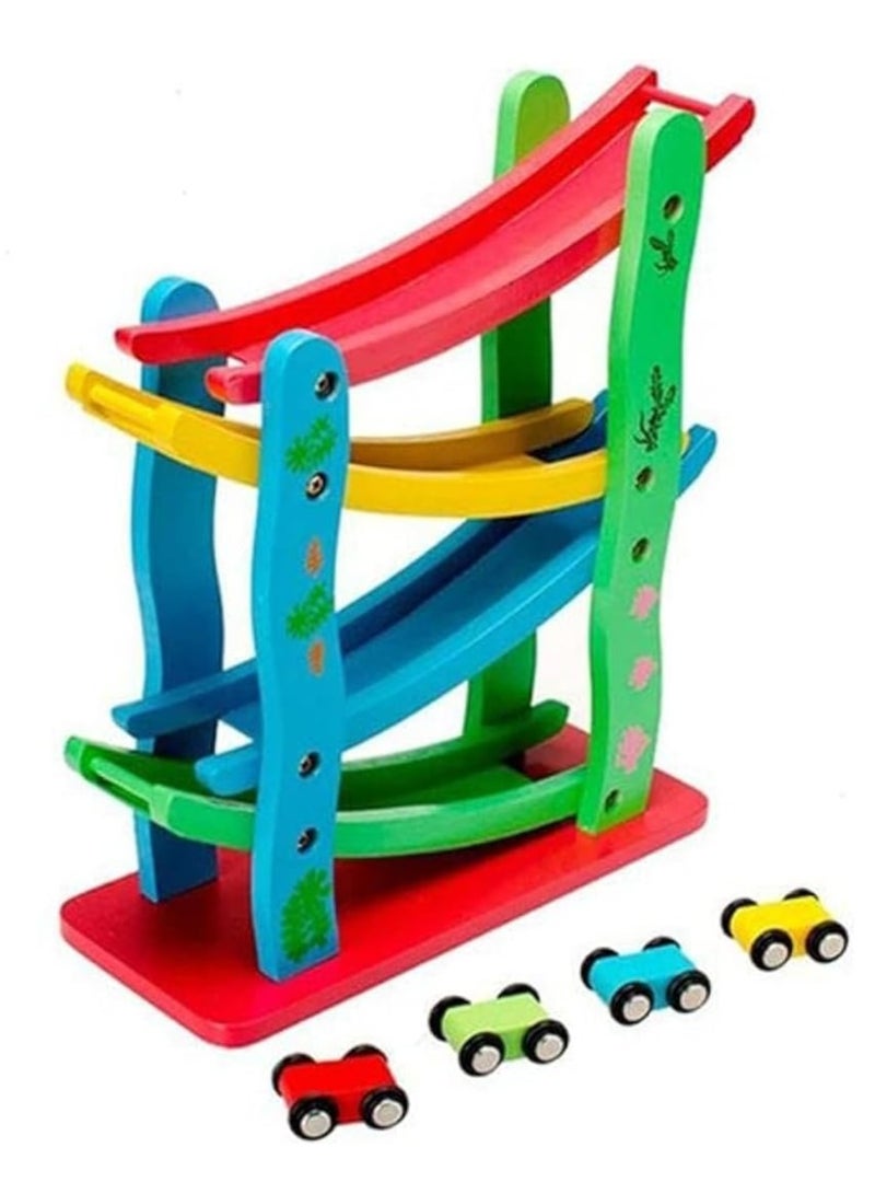 Wooden Race Track Toddler Toy for Boys and Girls Car Ramp Racer with 4 Mini Car Sliding Track Racer Learning And Educational Toy 4 layers wooden Sliding. - Image 1