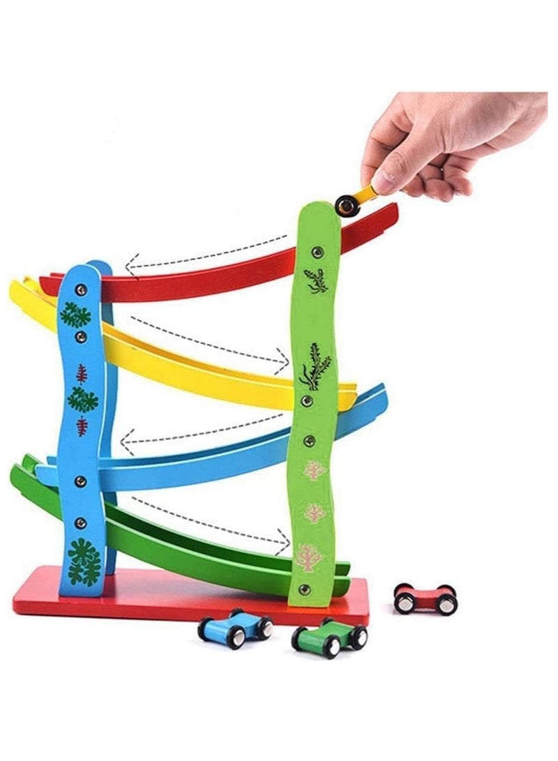 Wooden Race Track Toddler Toy for Boys and Girls Car Ramp Racer with 4 Mini Car Sliding Track Racer Learning And Educational Toy 4 layers wooden Sliding. - Image 3