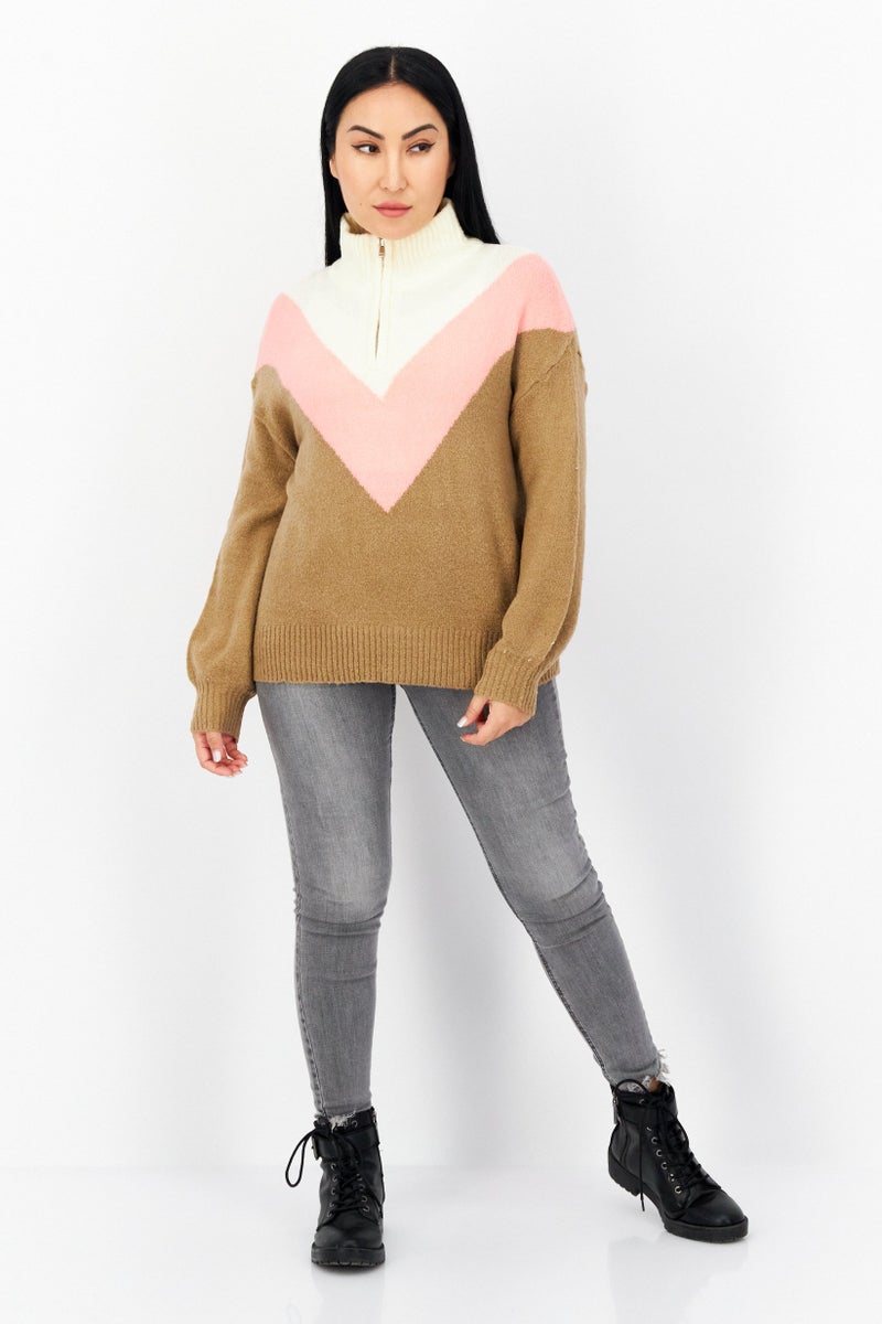 French Connection Women Mock Neck Colorblock Sweaters, Tan  - Image 2